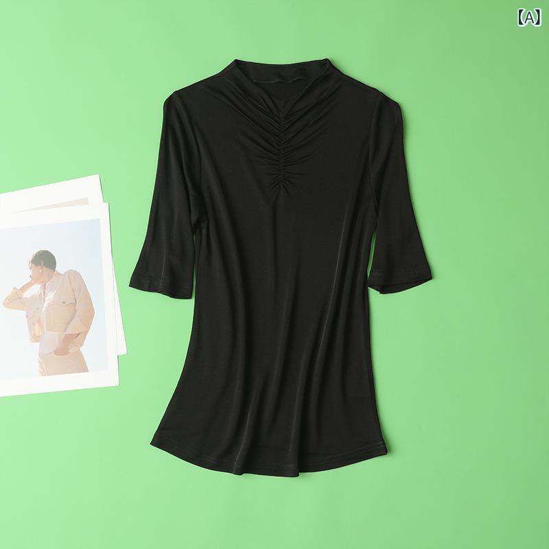 Tシャツ 女性用 春夏 真? 桑蚕? 半袖 立領 短袖 トップス ファッション ゆったり 大きいサイズ インナー 軽量 吸湿速乾 接触冷感 再生繊維 ナチュラル素材 通勤 普段使い