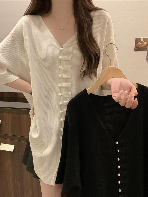カーディガン 女性用 大きいサイズ 夏 接触冷感 再生繊維 ニット トップス 短袖 中長丈 切り替え 盤ボタン 中華 ゆったりシルエット 通気性 軽量 吸湿速乾 ブラック ネイビー ベージュ 普段使い