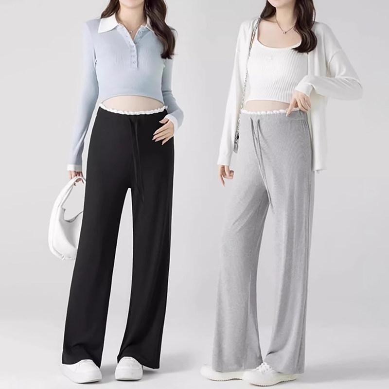 マタニティ ワイドレッグパンツ レース 縁取り ゆったり ドローストリング 春夏 外出用 カジュアル ロングパンツ 妊婦 快適 日常使い