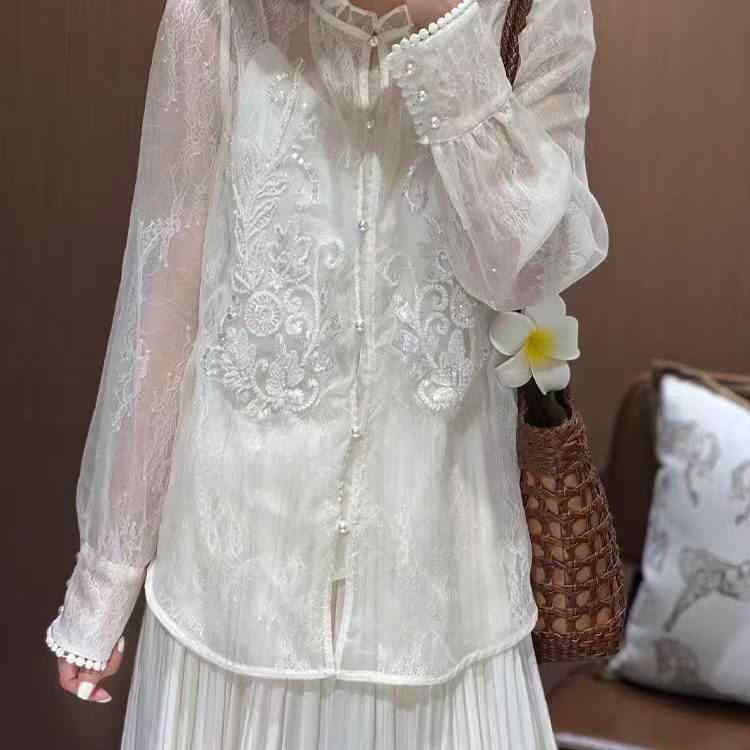 レディース ブラウス 春 軽薄 オーガンジー フリル スタンドカラー レース トップス 薄手 透け感 エレガント 女性用 シャツ 切り替え 吸湿速乾
