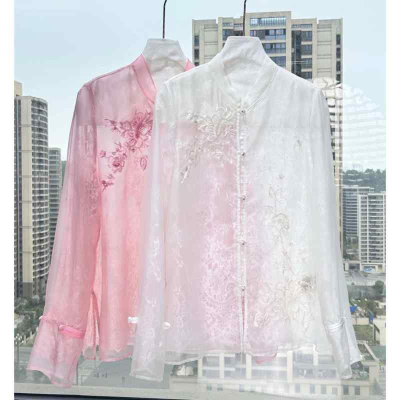 レディース カーディガン 　 オーガンジー 切り替え シースルー レース 刺繍 手ビーズ フェミニン スタンドカラー UVカット 夏用 軽量 エレガント 透け感 女性用 トップス 12,106円