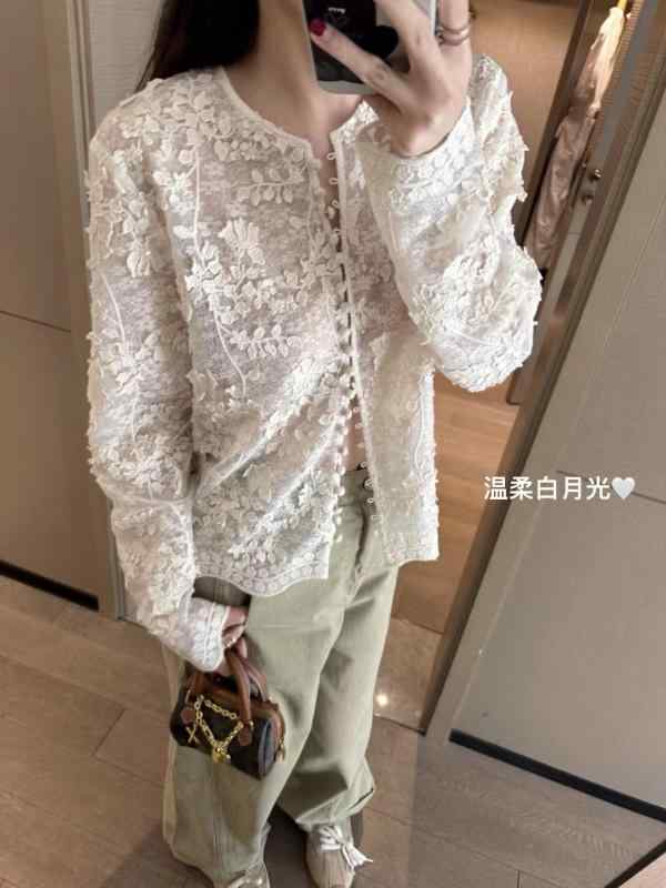 レディース 長袖 ブラウス 中国風 立体花刺繍 スパンコール レース 春 白 クール 華やか トップス
