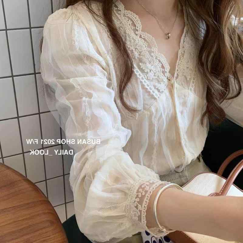 ブラウス レディース フレンチスタイル レース 花辺 長袖 春夏 女性服 トップス フェミニン シフォン 軽量 伸縮性 吸湿速乾 おしゃれ 普段使い カジュアル|リバーパディ