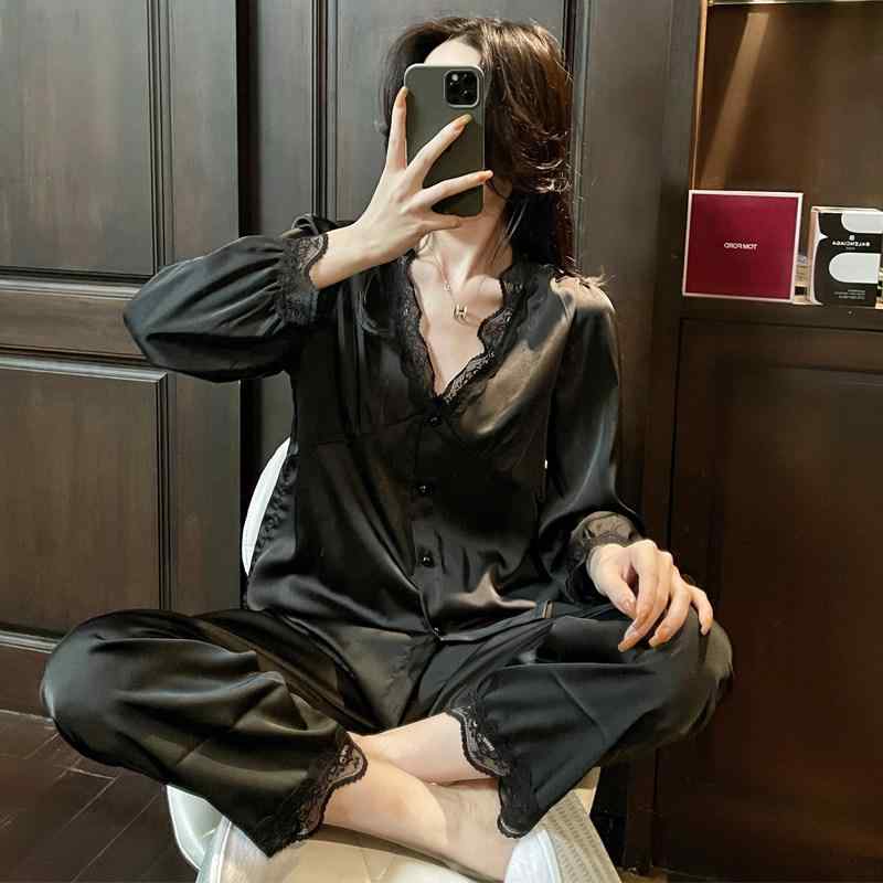 パジャマ 女性用 　 Vネック レース プリンセス かわいい ゆったり 薄手 春秋 ホームウェア ルームウェア 外出 普段使い 絹 柔らかい 軽量