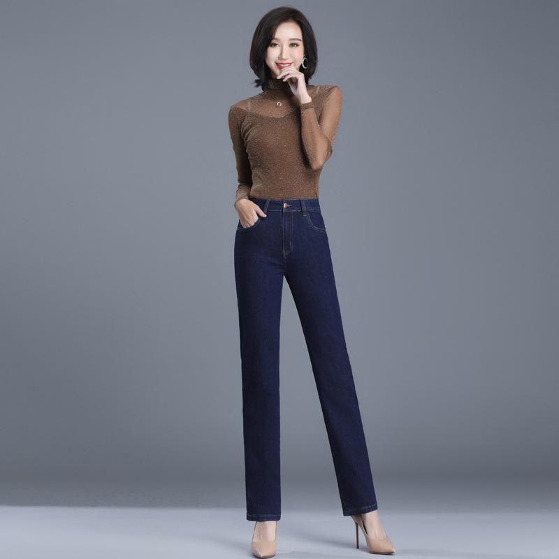 秋冬 女性用 ストレート デニムパンツ ハイウエスト ワイドレッグ ゆったり スリム 伸縮性 コットン 素材 日常使い ゆったりシルエット ロング丈