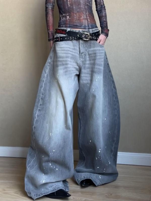 デニムパンツ レディース ビッグサイズ ワイドレッグ ストレートシルエット 水洗加工 インクプリント 落ち感 ロング丈 ストリートスタイル ゆったりカジュアル 普段使い 軽量 ストレッチ 綿混 ハイウエスト ブラック グレー ブルー 春夏 秋冬
