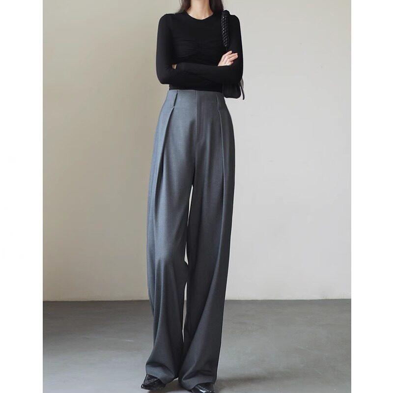レディース グレー ウール ワイドレッグパンツ シンプル ドレープ感 高級感 スーツパンツ 春秋向け ビジネス 通勤用 ゆったり シルエット エレガント スタイル｜リバーパディ 6,170円