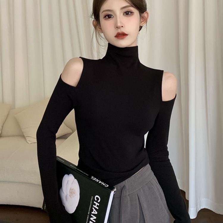 ニットセーター レディース 秋冬 長袖 ブラック ハイネック オフショルダー インナー トップス 高級感 エレガント 暖かみ 伸縮性
