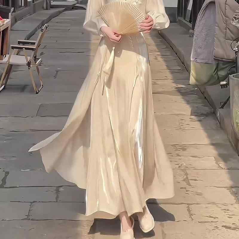 レディース スカート 高腰 ミドル丈 中国風 秋 高級感 若見え 光沢 ハーフ スタイル フェミニン 普段使い｜リバーパディ