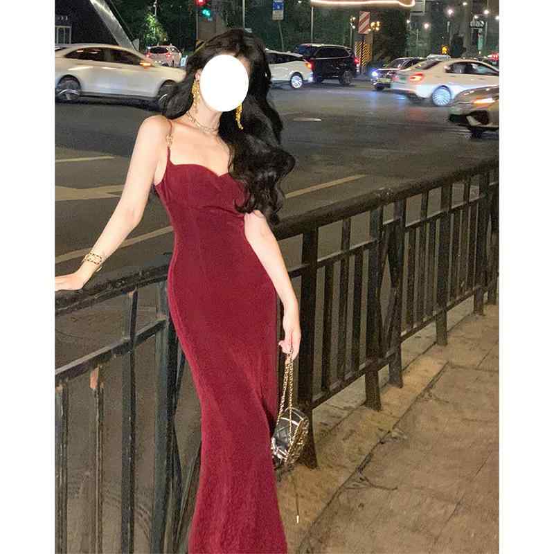 ドレス 女性用 赤 吊り下げ 醋酸 ニット ワンピース フレンチ スリット ロング スカート フォーマル 宴会 気品 名媛 スタイル 伸縮性 軽量 高級感 イブニング ガウン ロングドレス