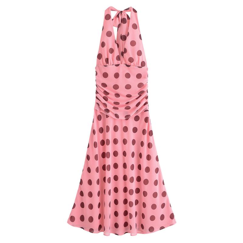 レディース ワンピース 夏 春夏 女性用 Vネック カジュアル ドット柄 背中開き ハングネック ノースリーブ 軽量 吸湿速乾 ピンク系 アイボリー ビッグシルエット 日常使い