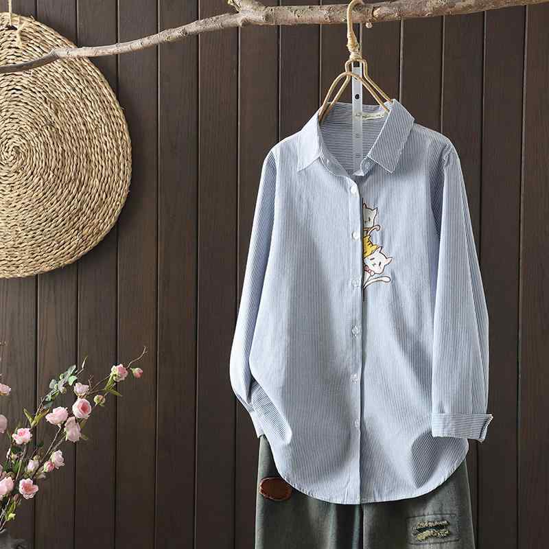 シャツ 女性用 長袖 中長丈 綿 ゆったり 刺繍 開衫 お腹カバー 大きめ 春秋 綿素材 ビッグシルエット 快適 普段使い