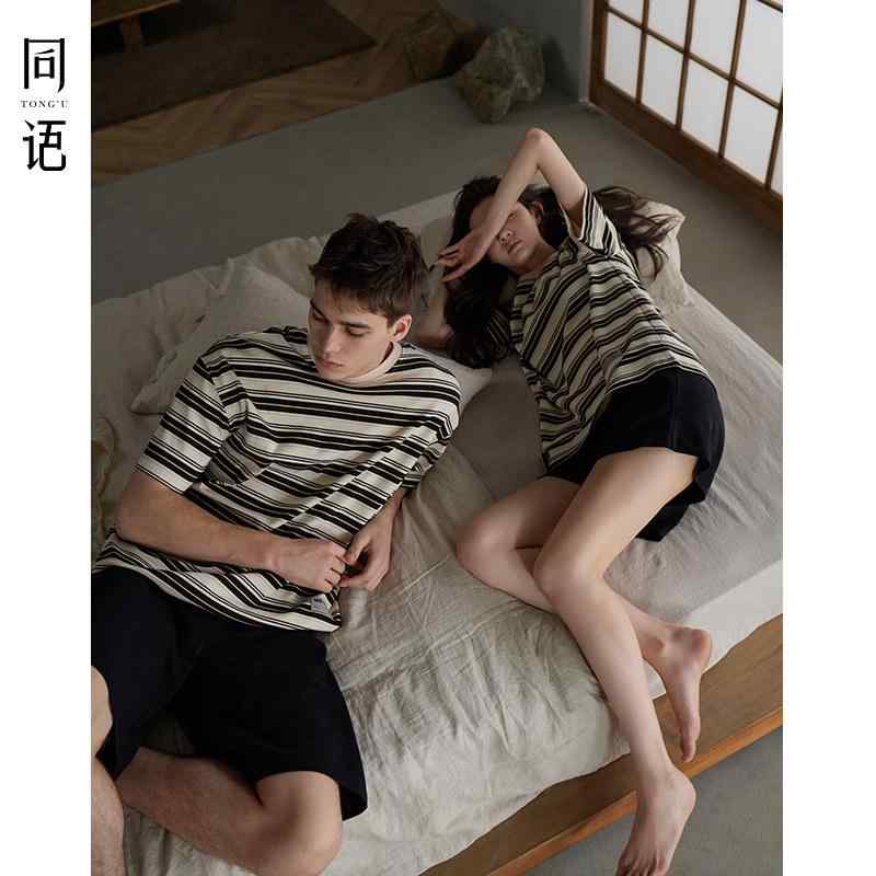 夏用 パジャマ 二人組 男女用 当たること冷感 綿 パステル色の 短袖 書き割り 縞模様 出で立つ能力のある お座敷御召しもの お座敷着 養護ホーム御召しもの