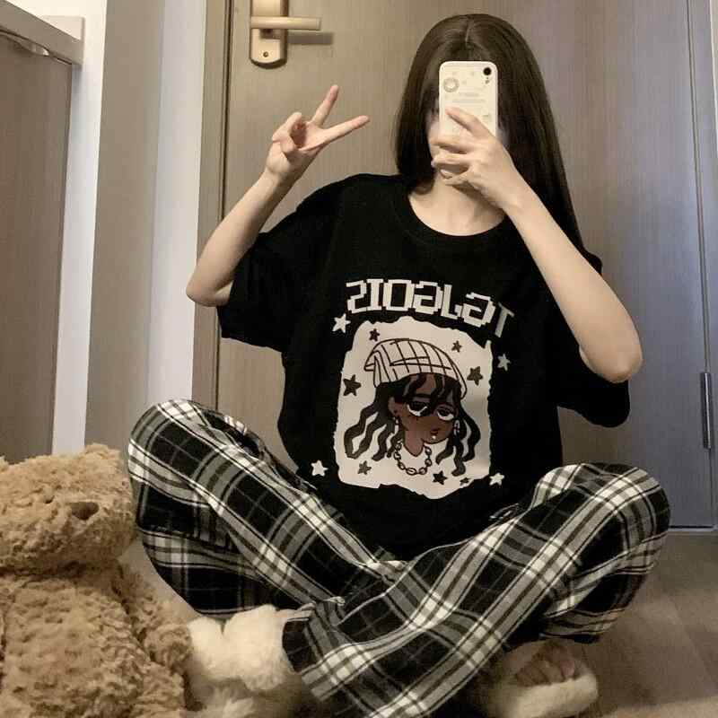 ルームウェア 女性用 夏用 綿 短袖 トップス 格子柄 長パンツ セット 外出着 通気性 快適 学生向け コットン素材 軽量 吸湿性