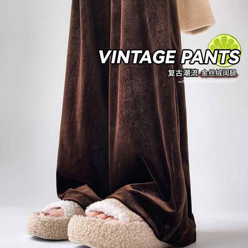 レディース ワイドパンツ ベルベット素材 秋冬 ハイウエスト ゆったり ストレート ブラウン 落ち感 カジュアル ロング丈 通勤 普段使い 軽量 伸縮性