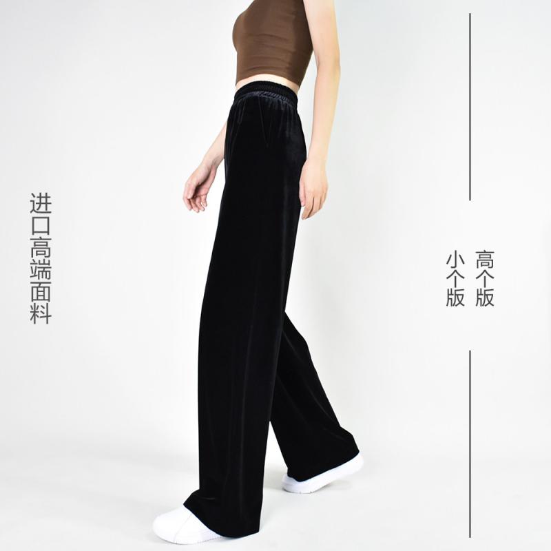 春夏 レディース ベルベットパンツ ブラック ゆったり ロングレッグ スリム効果 高級感 ドレープ ワイドシルエット カジュアル 普段使い 柔らかい素材 伸縮性|リバーパディ