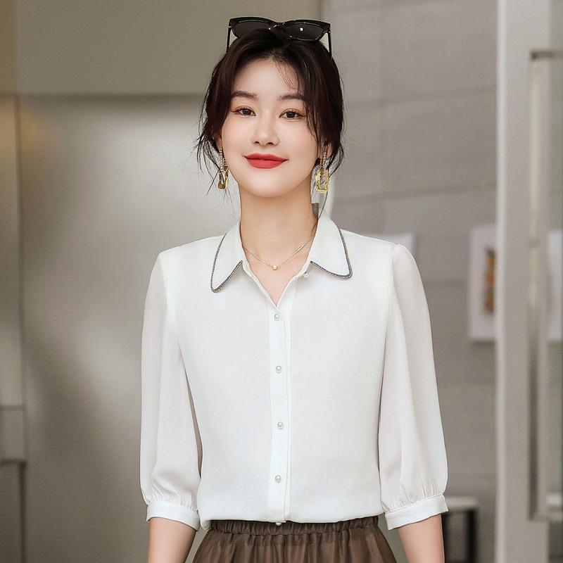 夏季 白色 シャツ 短袖 レディース 韓国風 薄手 袖 フォーマル ワークウェア 大きいサイズ ゆったり 職業服 トップス 綿素材 吸湿速乾 軽量 通勤用 普段使い カジュアル ブラウス 春夏 アイボリー
