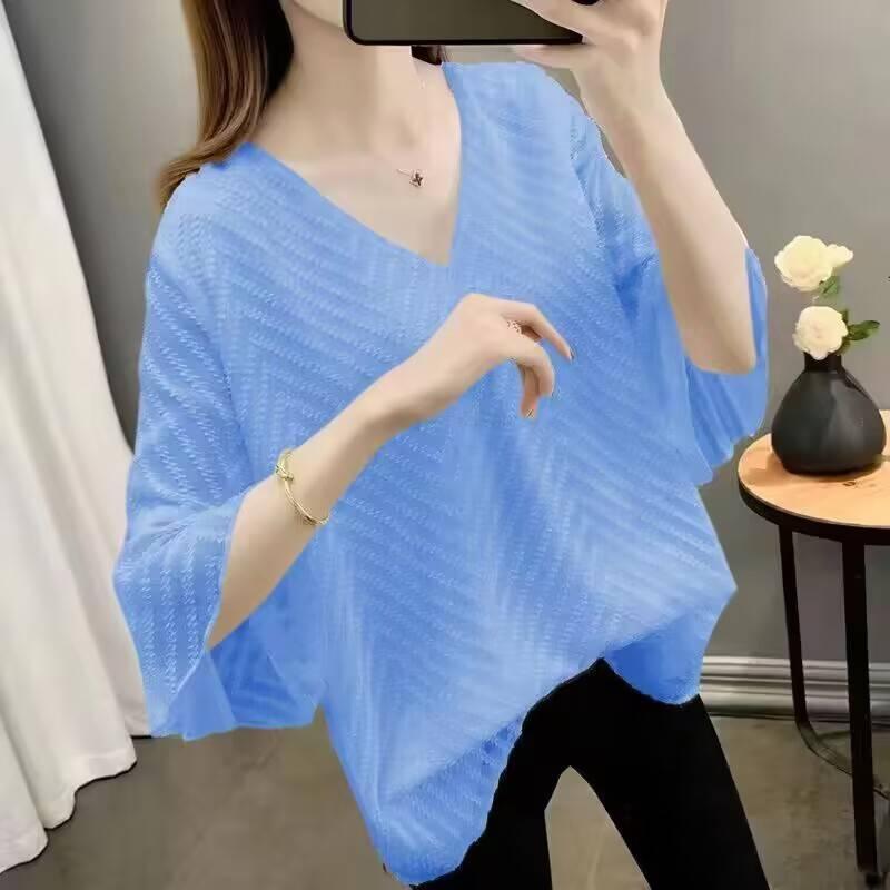 トップス 女性用 大きいサイズ ゆったり シフォン シャツ 短袖 襟付き 上着 春夏 春装 腹部カバー 洋気 かわいい 軽量 通勤 普段使い 吸湿速乾 再生繊維 ビッグシルエット Vネック