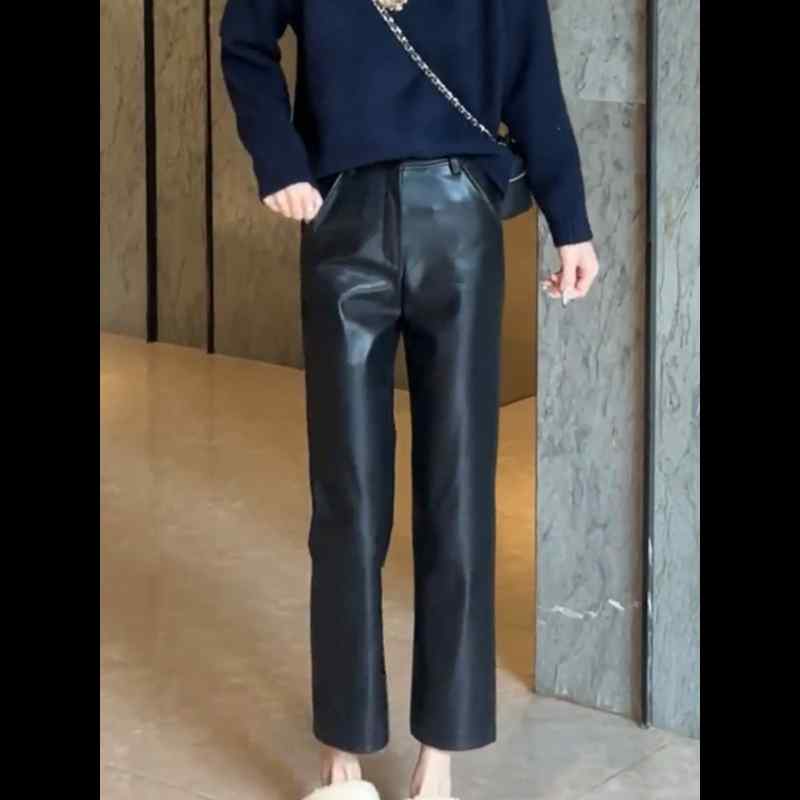 レディース 秋冬 パンツ ブラック PUレザー ハイウエスト 9分丈 ストレート スリム 高級感 普段使い コーディネートしやすい ファッション