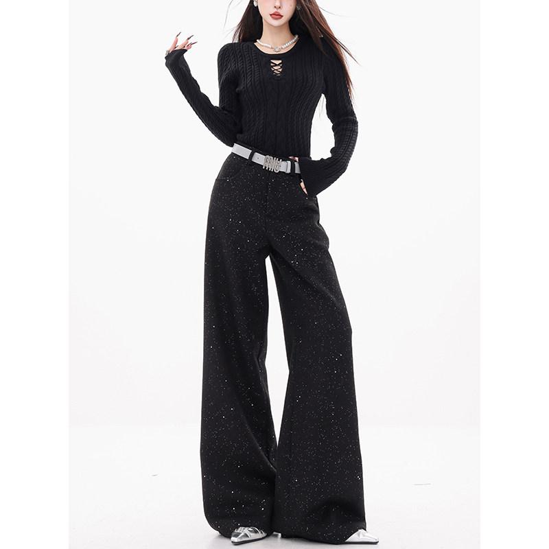 レディース スーツパンツ ブラック ウール ラメ ワイドレッグ ストレート 秋冬 通勤用 高級感 テーラード スタイル