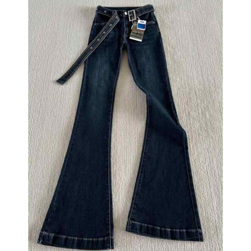 デニムパンツ レディース 秋冬 長身向け ロング丈 ダークブルー ローライズ スリムフィット ストレッチ 細見え フルレングス フレア