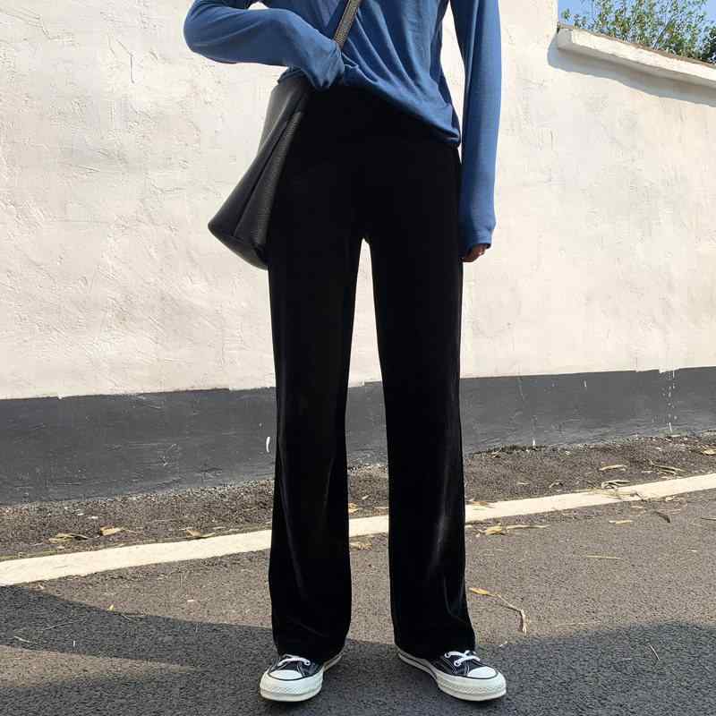 レディース 秋冬 ワイドパンツ ブラック ベルベット 高級感 高腰 ストレート ドレープ 暖かフリース 小柄対応 ゆったりシルエット カジュアル 普段使い