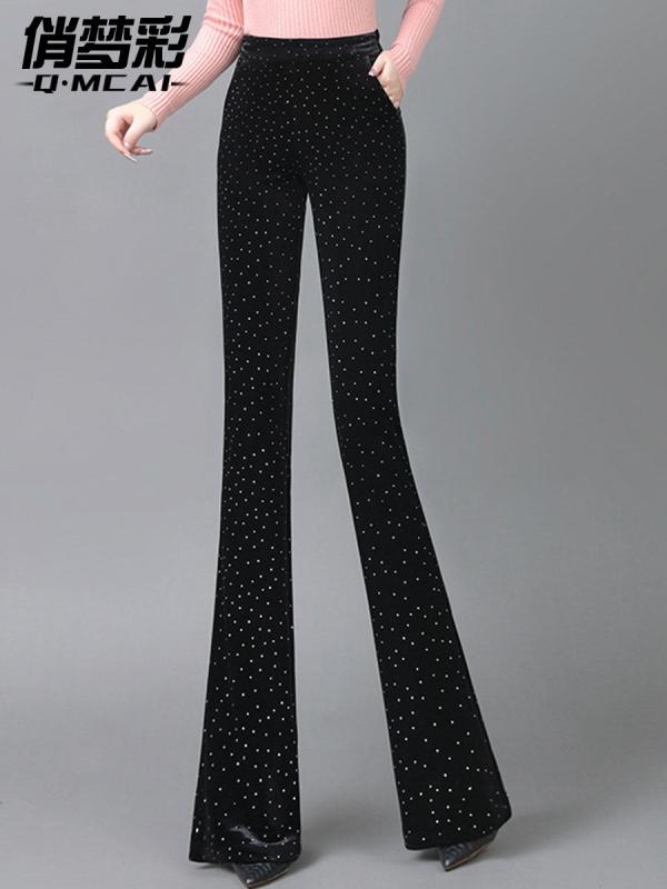 レディース フレアパンツ 黒 ハイウエスト ベルベット素材 ドレープ感 春用 ストーン装飾 ストレート 微フレア 高級感 普段使い 軽量 伸縮性