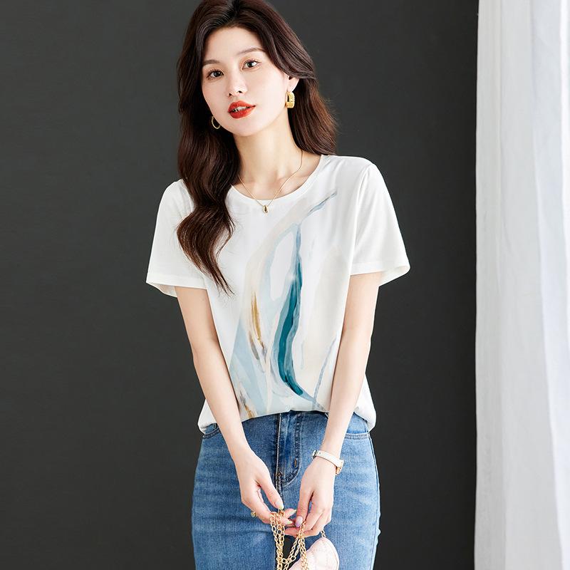 レディース トップス シャツ 短袖 Tシャツ 女性用 デザイン性 洋気 小衫 ゆったり スリム効果 上着 大きいサイズ 夏 春夏 接触冷感 綿素材 軽量 通勤 普段使い カジュアル ブラック ピンク系 アイボリー