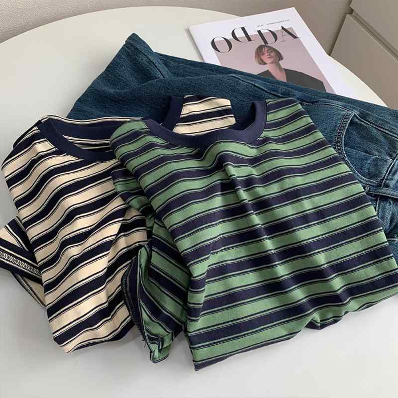 Tシャツ レディース 緑 ストライプ 柄 短袖 トップス ワイド シルエット 大きいサイズ ゆったり風 インナー シャツ コットン 素材 吸湿速乾 軽量 通勤 普段使い 春夏 秋 シーズン