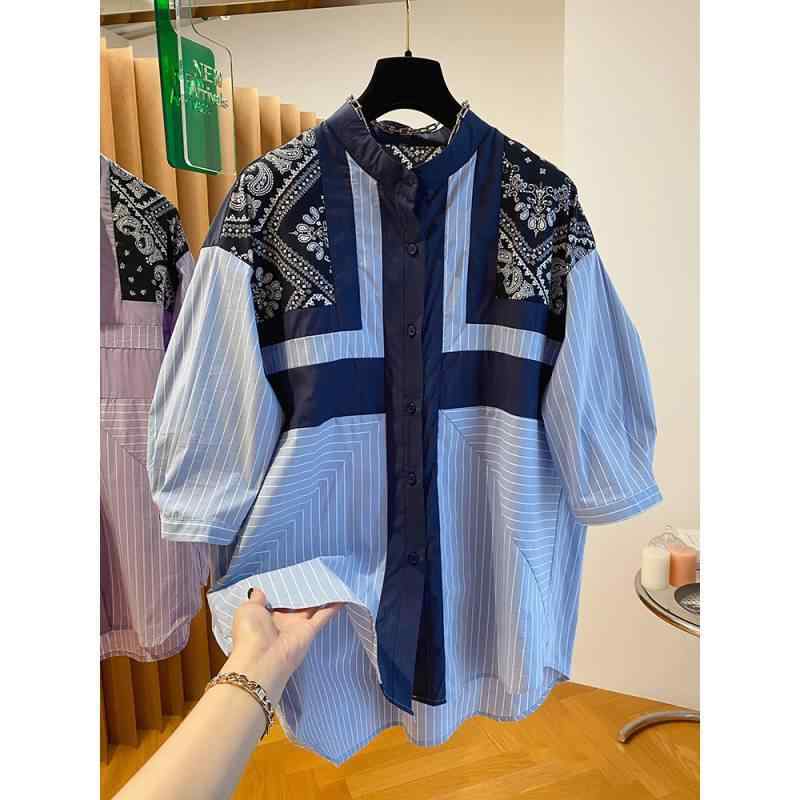 シャツ 女性用 春夏 ビッグシルエット 短袖 ブルー ストライプ柄 花柄 プリント トップス ブラウス ゆったり ワイド サイズ コットン混 綿素材 軽量 通勤 普段使い かわいい デザイン 爽やか 涼しい 吸湿速乾 接触冷感 伸縮性 ハイネック ラウン