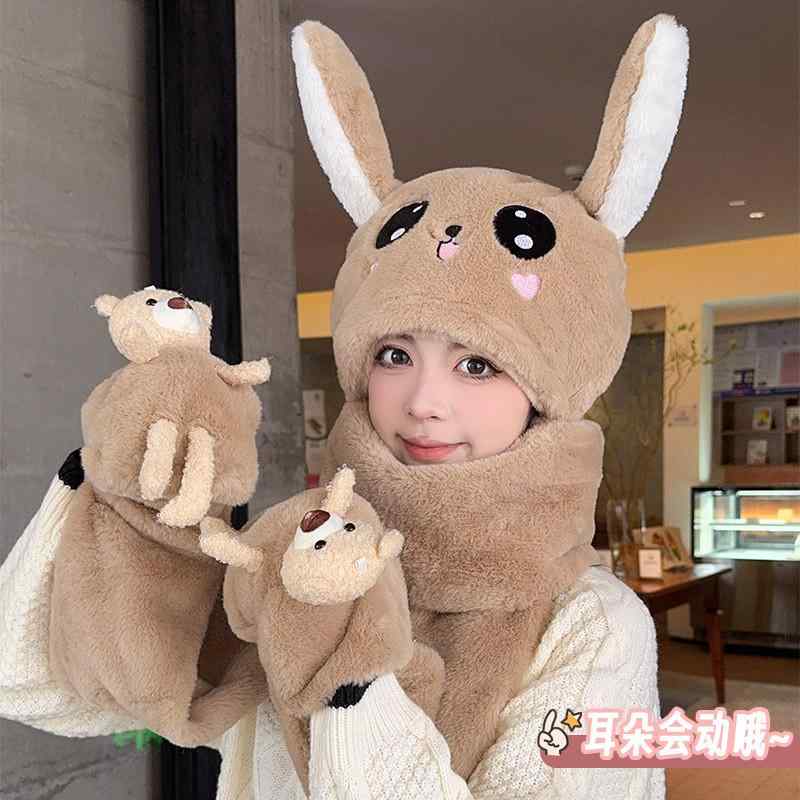 女の子用 子供 冬用 親子 3点セット かわいい クマ帽子 動くウサギ耳 暖か マフラー 手袋