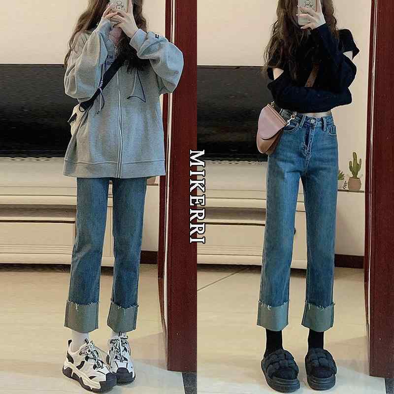 デニムパンツ レディース ストレート ロールアップ ビッグサイズ ぽっちゃり対応 スリム効果 梨型体型 低身長向け 春 カジュアル 日常使い 伸縮性 デニム素材