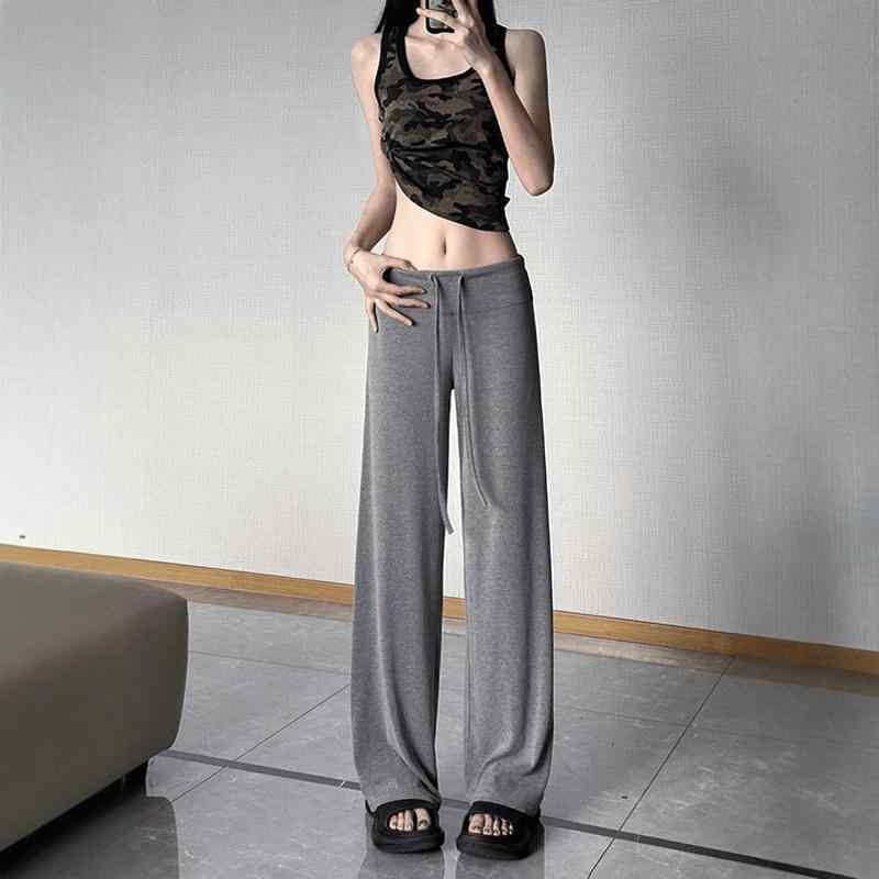 レディース パンツ ニット グレー カジュアル ハイウエスト ワイドレッグ ストレート ドレープ感 春秋 ロング丈 リラックススタイル 柔らか素材 普段使い 伸縮性
