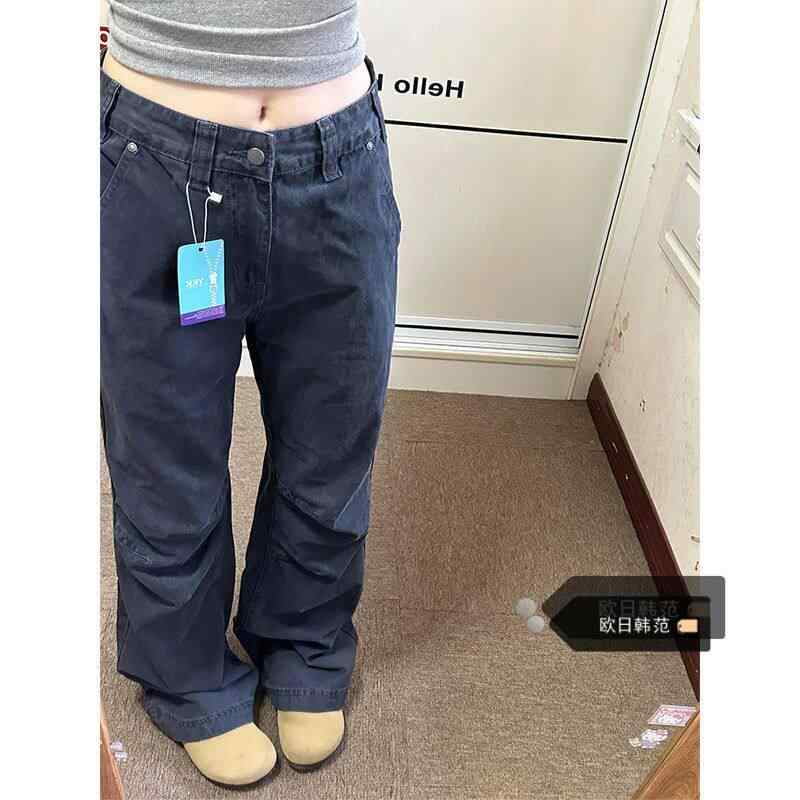 デニムパンツ 女性用 ビッグサイズ 秋 ワイドレッグ ゆったり ストレート プリーツ ワークスタイル アメリカン カジュアル ロング ブルー デニム素材 軽量 伸縮性