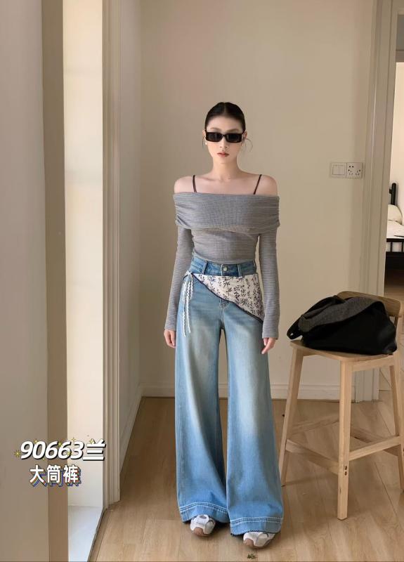 ジーンズズボン下 春 小花柄 御機嫌酉の方角 点火装置色合い ゆったり ワイドレッグ ドレープ感 ビッグ影ぼうし 心地よい 普段使い走り 伸縮性 ジーンズ原料品