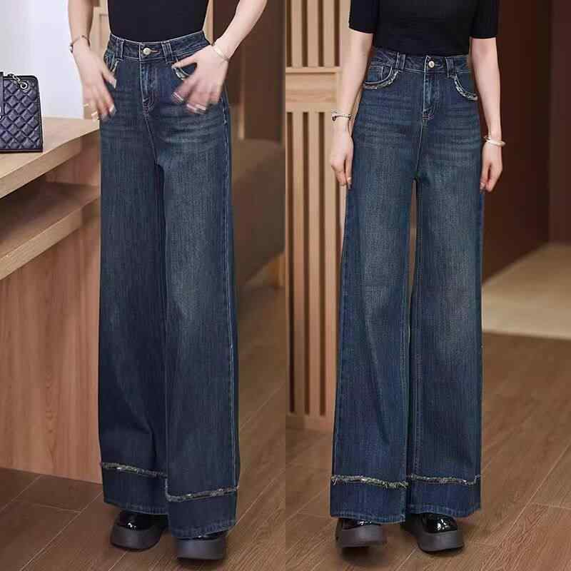 レディース デニムパンツ レトロ ダークブルー ハイウエスト ワイドレッグ ストレート フリンジエッジ 柔らかドレープ カジュアル 普段使い コットン素材 ストレッチ 快適フィット