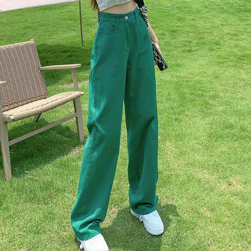 レディース デニムパンツ ワイドレッグ ストレート フロア丈 ダークグリーン 春秋 カジュアル 脚痩せ 効果 普段使い 伸縮性 素材