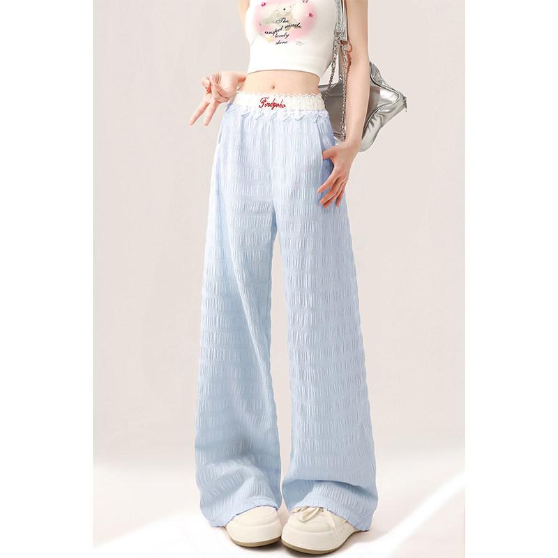 レディース 夏 パンツ 薄手 レース 花辺 竹節柄 カジュアル ワイドレッグ ゆったり ドレープ 細見せ 散歩用 普段使い 軽量 吸湿速乾