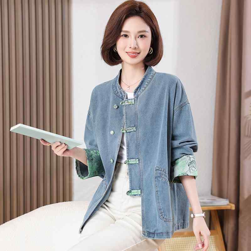 ジャケット レディース 中年女性用 牛仔 デニム 切り替え 秋冬 大きいサイズ ゆったりシルエット 普段使い 通勤 軽量 伸縮性 秋 冬 コート風 アウター