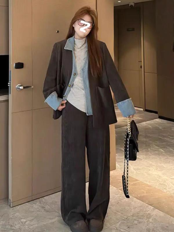 ジャケット スカート パンツ セット 女性用 大きいサイズ 春 牛仔 切り替え デザイン 高腰 半丈 スカート ワイドレッグ ゆったり シルエット デニム 素材 ストレッチ 機能 普段使い コーディネート
