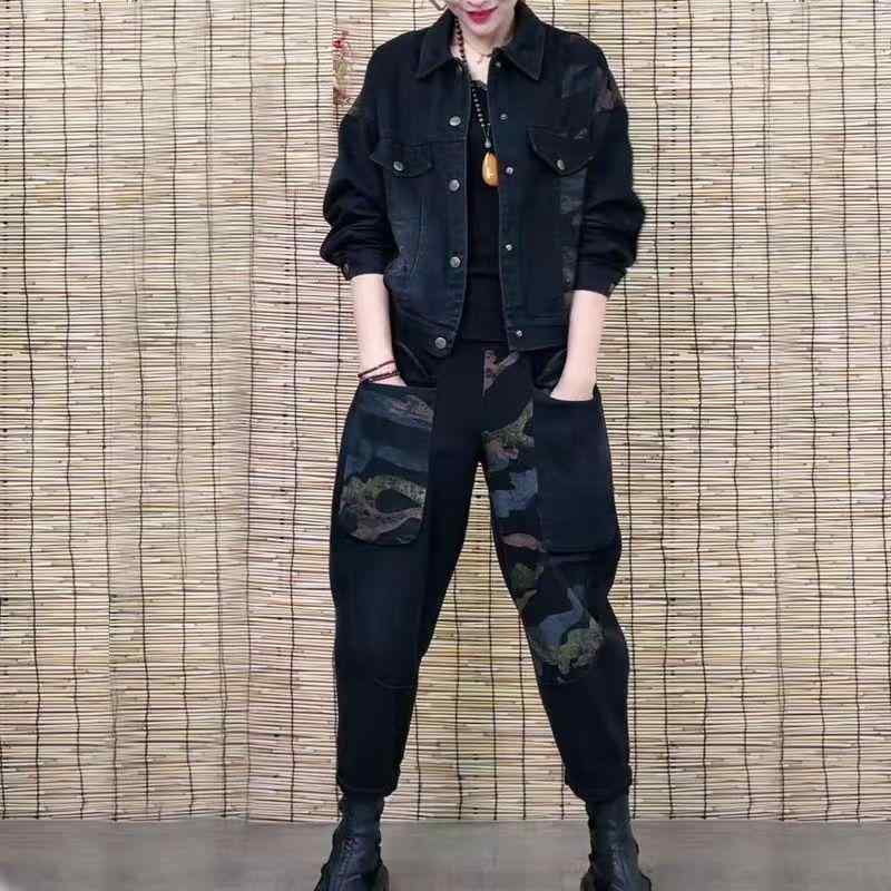 秋冬 女性用 デニム セットアップ ロングスリーブ トップス フラワープリント スキニーパンツ 大きいサイズ スリムフィット ストレッチ素材 軽量 通勤 普段使い デニム生地 ビッグシルエット ブラック ブルー