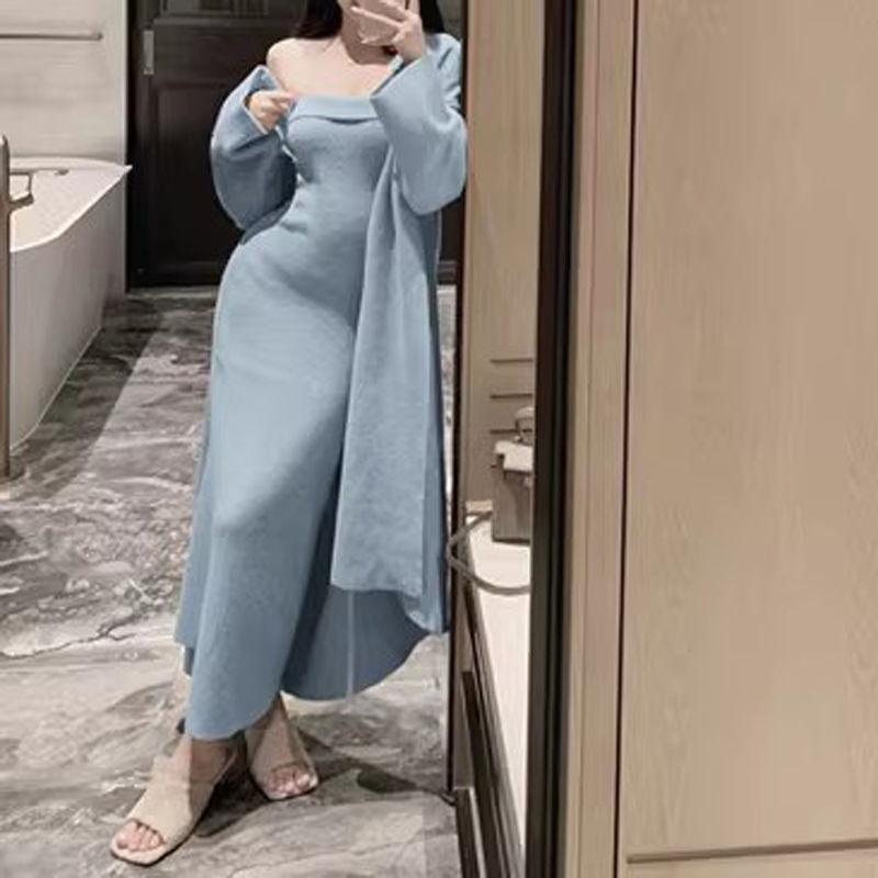 秋冬 ニット トップス コート セット 女性用 ゆったり ビッグサイズ 軽量 伸縮性 高級感 暖かみ 長袖 切り替え デザイン ブラック グレー アイボリー 通勤 普段使い アウトドア