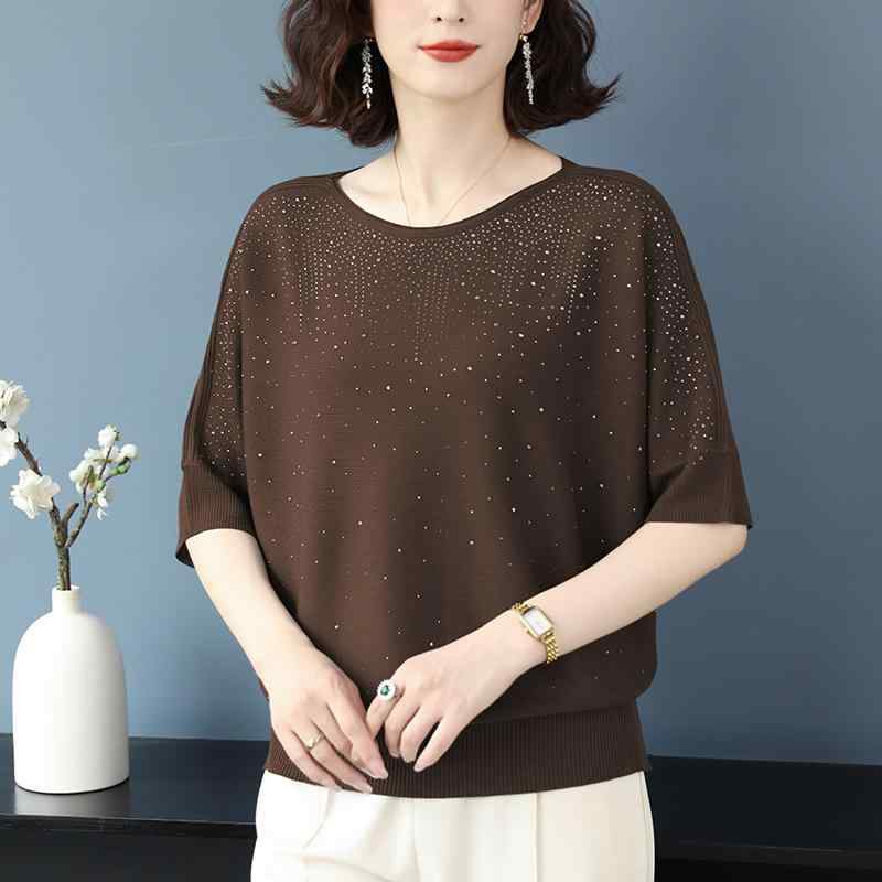 Tシャツ 中年女性用 夏 接触冷感 再生繊維 ニット 半袖 ゆったり大サイズ バタフライスリーブ トップス ブラウス 吸湿速乾 軽量 通勤 普段使い 部屋着 コットン風 ベーシック カジュアル アイボリー ピンク系 ブラック