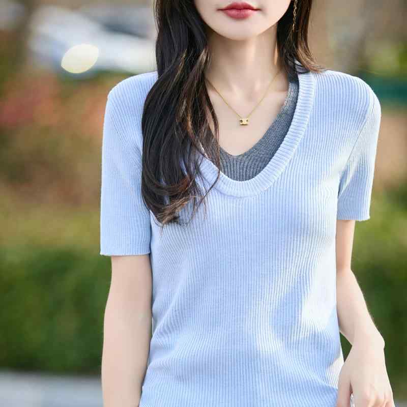 ニットトップス 女性用 春夏 短袖 Vネック 羊毛 精紡 ピュアカシミア調 切り替え 修身 スリムフィット 軽量 伸縮性 吸湿速乾 ピンク系 ブラック アイボリー 通勤 普段使い カジュアル