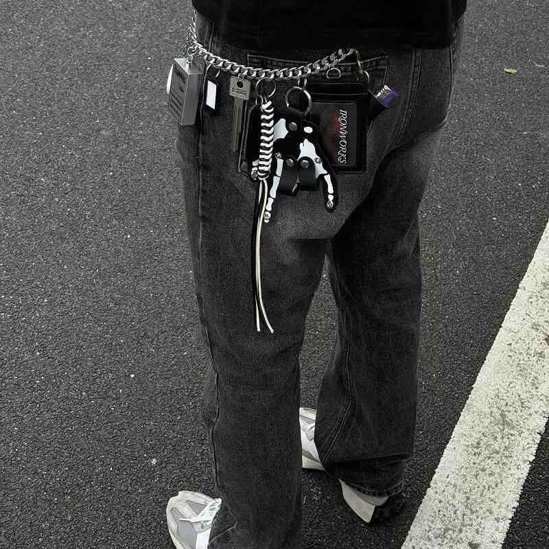 パンツチェーン スカルハンド 編み込みロープ 多機能 腰掛け キーホルダー アクセサリー ストリートファッション 普段使い 軽量 耐久性 ブラック