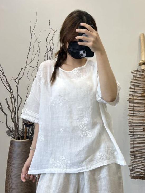 苧麻刺繍 短袖 シャツ レディース 夏 春夏 文学的 レトロ ゆったり ファッション 大きいサイズ カジュアル Tシャツ トップス 再生繊維 吸湿速乾 軽量 切り替え デザイン ブラック ベージュ アイボリー 部屋着 外出着 通勤用