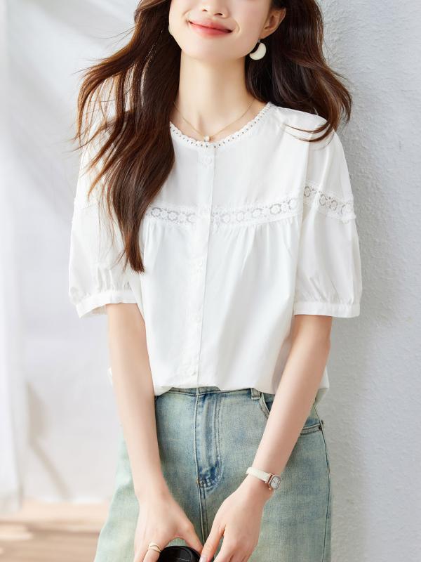 シャツ 女性用 春夏 大きいサイズ ゆったり ビジネス トップス 泡泡袖 フレンチスタイル ベーシック カジュアル 綿素材 軽量 通勤 普段使い 接触冷感 吸湿速乾 ブラック ピンク系 アイボリー 切り替えデザイン ハイネック Vネック ビッグシルエット