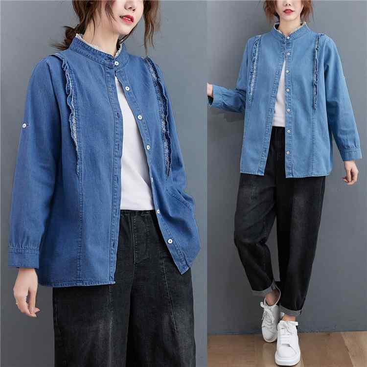 カットソー トップス 韓国風 レース フリル デニム シャツ 復古 スタンドカラー 軽量 小さめ ジャケット 女性用 普段使い 切り替え デザイン カジュアル スタイル 吸湿速乾 コットン 混 ブラック ベージュ アイボリー 春夏 秋冬 通年