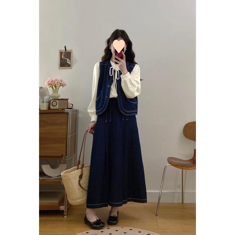 ブラウス レディース 春夏 大きいサイズ かわいい ?? デザイン トップス 切り替え 綿素材 軽量 通勤 普段使い 復古 デニム 馬甲 ベスト 半身 フレア スカート セット ベーシック コーデ
