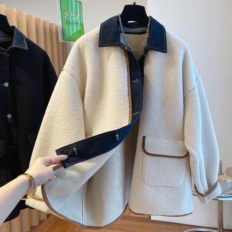コート 女性用 秋冬 デニム 切り替え 羊毛 ロング コート ゆったり シルエット 暖か 素材 普段使い 通勤 着用 ブラウン系 ブラック グレー 軽量 スタイリッシュ